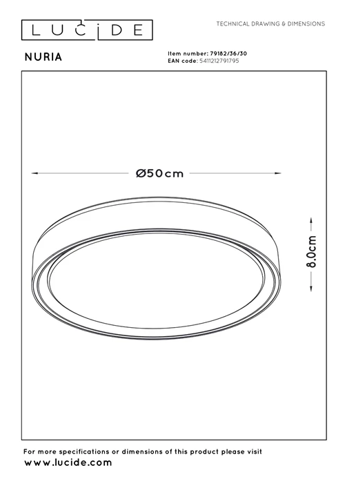Lucide NURIA - Plafonnière - Ø 50 cm - LED 3 StepDim - 1x36W 2700K - Zwart - technisch